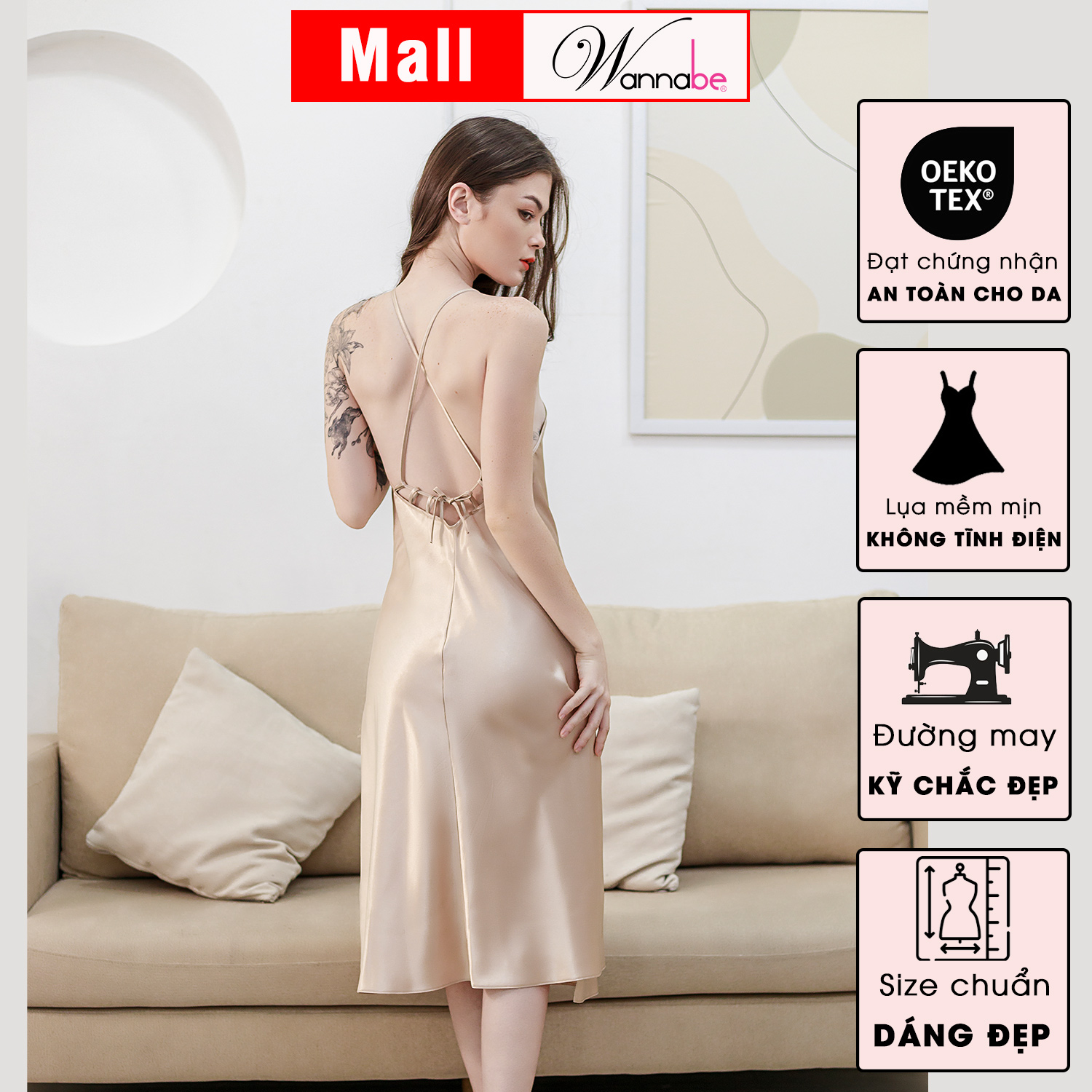Đầm ngủ phi lụa cao cấp WANNABE DNS34 váy ngủ cổ yếm dáng dài sang trọng quý phái nữ tính với lưng đan dây thắt nơ xinh