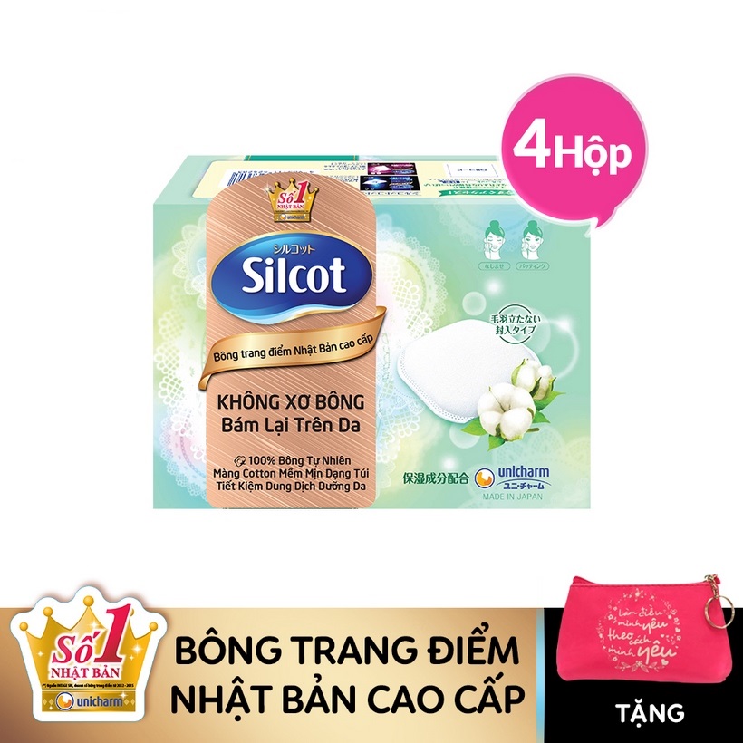 [Tặng Ví trang điểm nhiều màu] Combo 4 hộp bông tẩy trang cao cấp Silcot Premium (66 miếng/hộp)