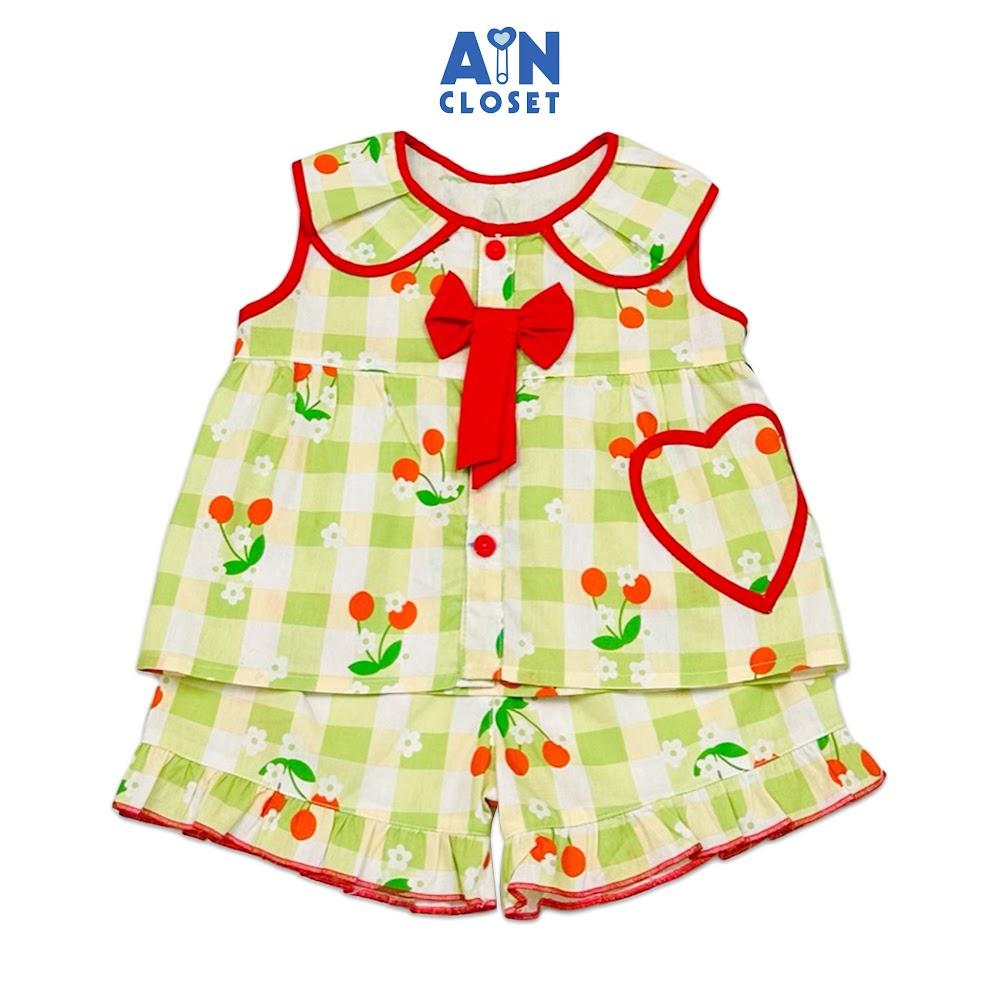 Bộ quần áo Ngắn bé gái họa tiết Caro Cherry Xanh Cotton - AICDBGJW3X8C - AIN Closet