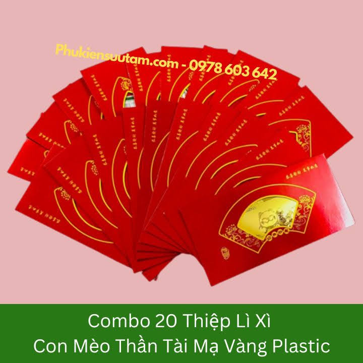 Combo 20 Thiệp Lì Xì Con Mèo Thần Tài Mạ Vàng Plastic, kích thước: 20cmx10cm, màu đỏ - SP005910