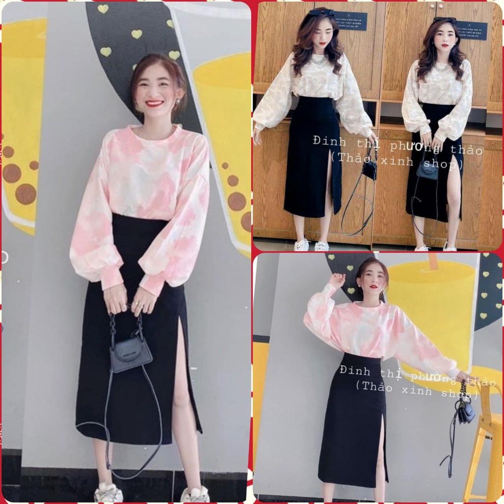 Set váy đen xẻ phối áo tay dài loang màu năng động, SET VÁY XẺ ÁO LOANG