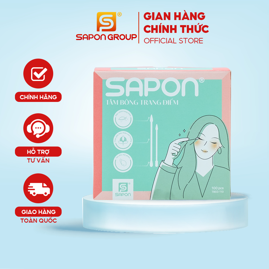 Tăm Bông Trang Điểm SAPON Thân Giấy – 100 Que/Hộp (TB03-110), Đầu Nhọn – Đầu Tròn, Không Rụng Sợi, Thấm Hút Tốt