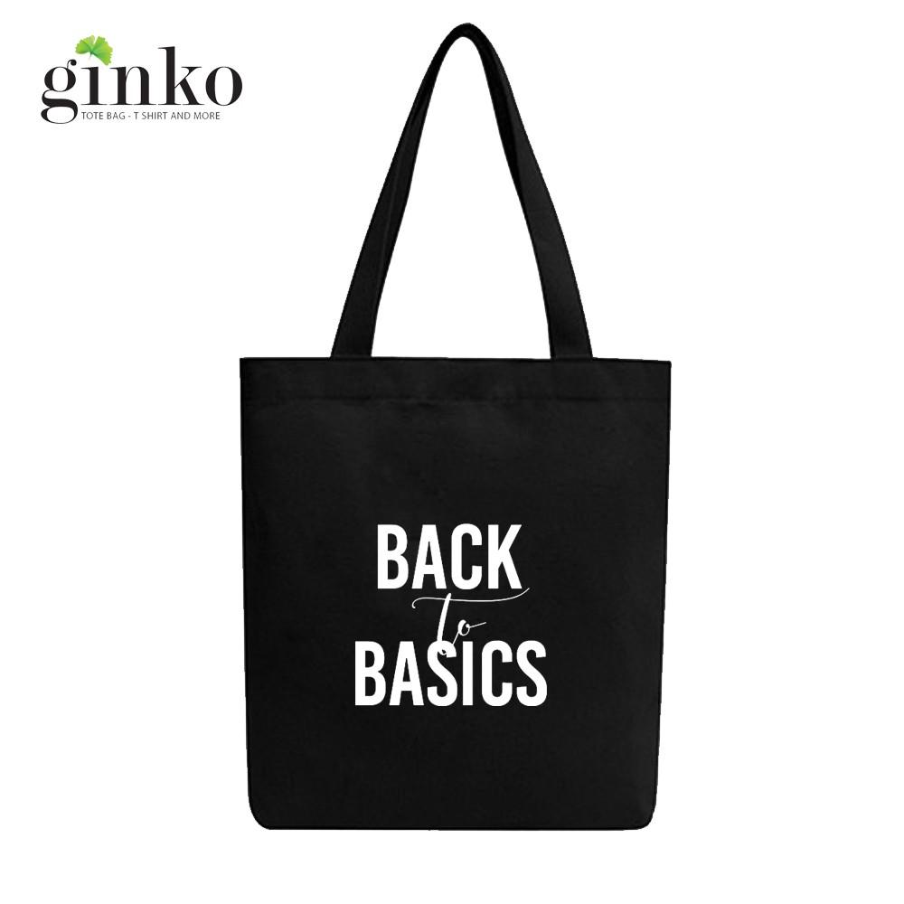 Túi Tote Vải Canvas Ginko kiểu basic có dây kéo khóa miệng túi đựng vừa laptop 14 inch và nhiều đồ dùng khác Phong Cách ulzzang Hàn Quốc In Hình Back To Basics B08