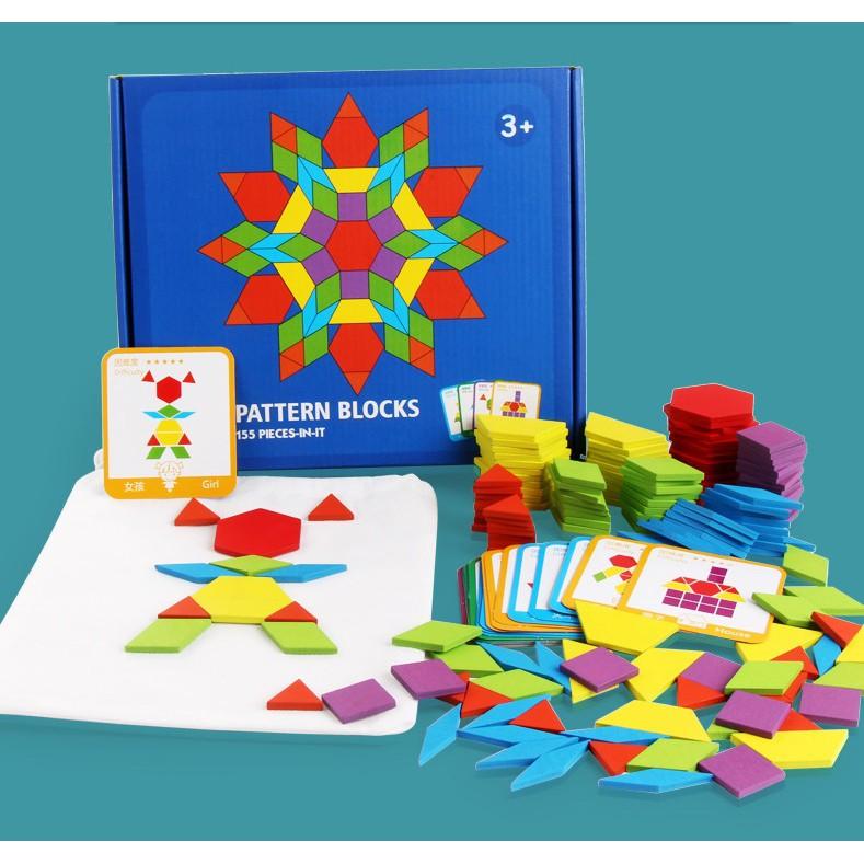 Bộ Xếp Hình Sáng Tạo Pattern Block 155 Chi Tiết Cho Bé Đồ Chơi Gỗ, Giáo Cụ Montessori, Dành Cho Bé Từ 3 Tuổi