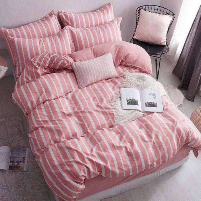 Bộ chăn ga gối Cotton cao cấp 1m6x2m màu hồng sọc trắng HJ101