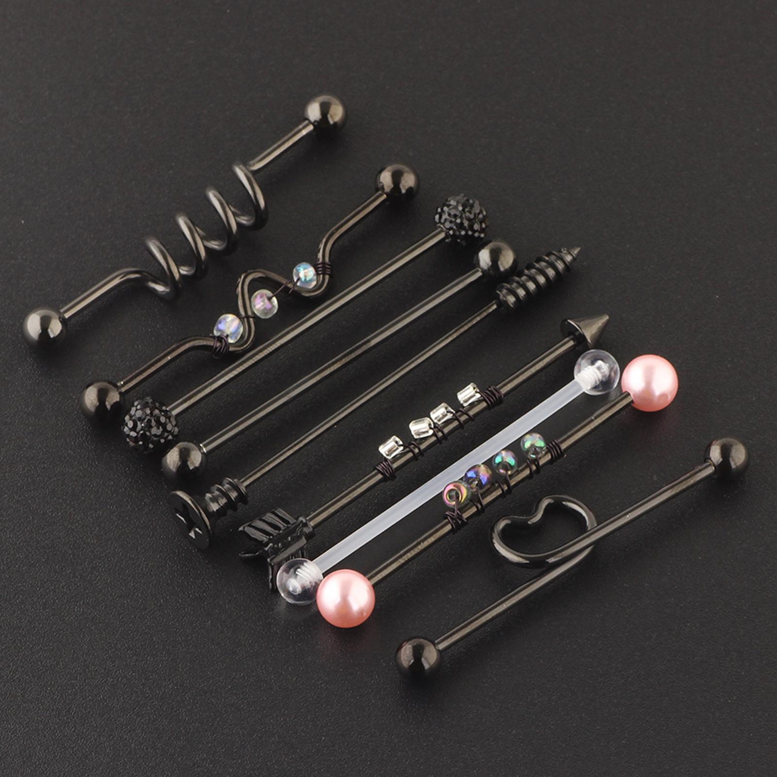 9Pcs Labret Ear Helix Earring Bar Barbell Body Piercing Jewelry Black