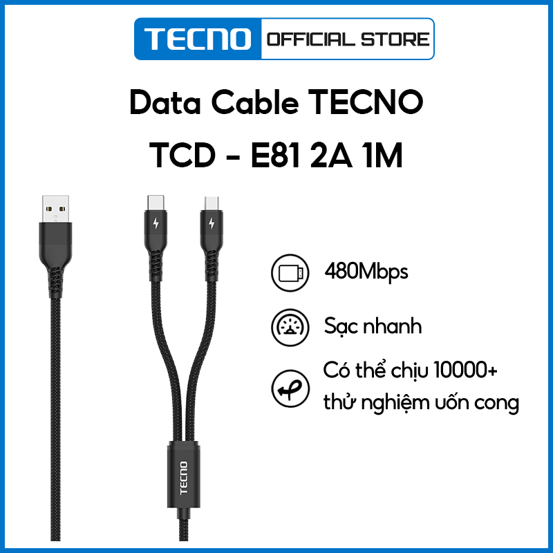 Dây cáp sạc truyền dữ liệu Tecno TCD-E81 2A dây dù bền chắc 2 trong 1 (Type-C và Micro USB) Chiều dài 1m - Hàng Chính Hãng