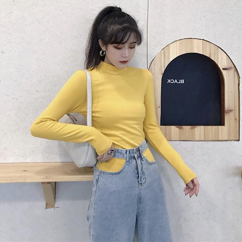 Áo thun dài tay cổ lọ màu trơn đơn giản phong cách Hàn Quốc