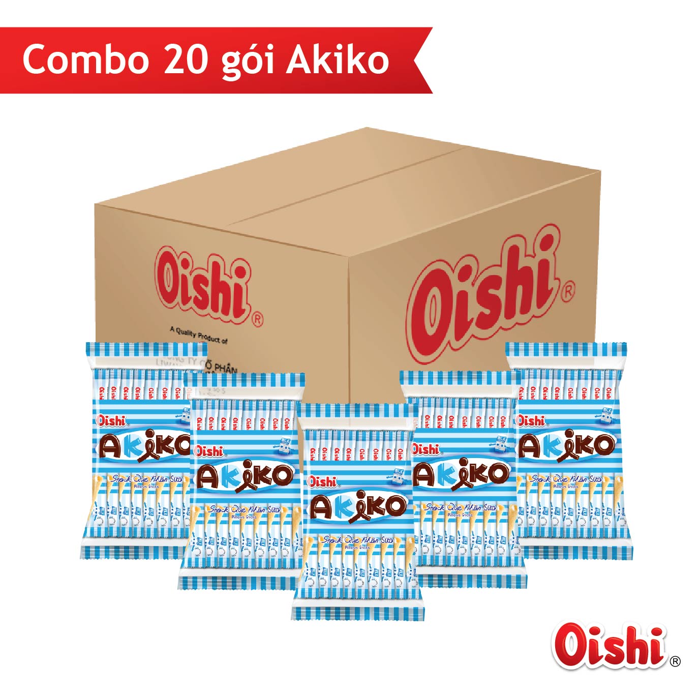 Combo 10 gói Oishi Snack Que Nhân Sữa Akiko (160g/gói/20 que)