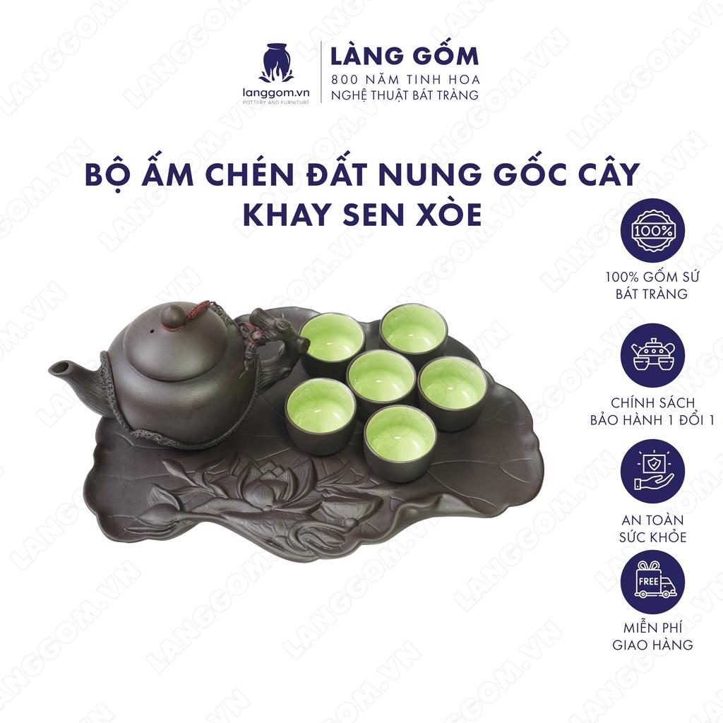 Bộ ấm chén đất nung gốc cây +  khay sen xòe (Màu Đen) - Men mộc - Gốm sứ Bát Tràng - langgom.vn