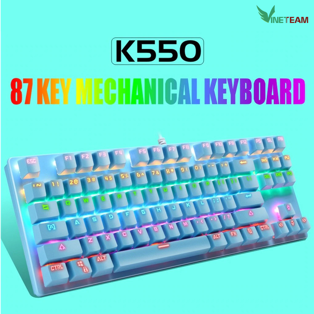 Bàn Phím Cơ Máy Tính 87 Phím VINETTEAM K550 Led Đổi Màu Nhiểu Chế Độ Khác Nhau, Blue Switch Chơi Game Dùng Văn Phòng Cực Đã - hàng nhập khẩu