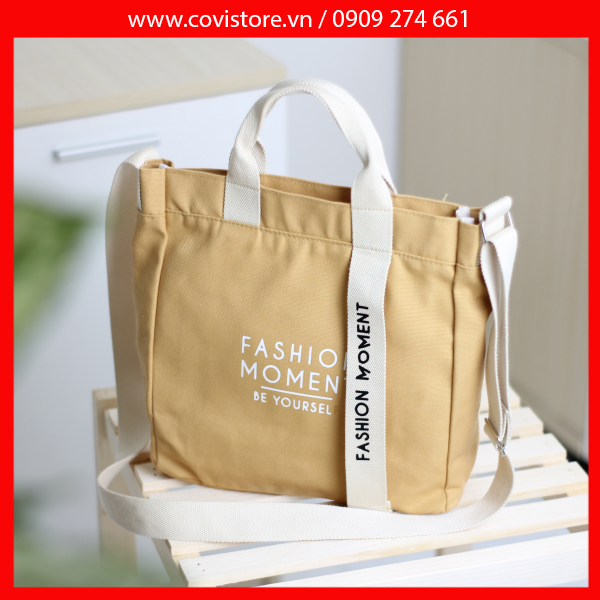 Túi vải Hàn Quốc, túi đeo chéo vải canvas phối chữ Fashion Moment thời trang Covi nhiều màu sắc T11-M-Màu Vàng