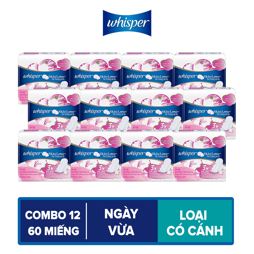 Combo 12 Băng Vệ Sinh Whisper SkinLove Ngày Vừa (24 cm - Gói 5 Miếng)