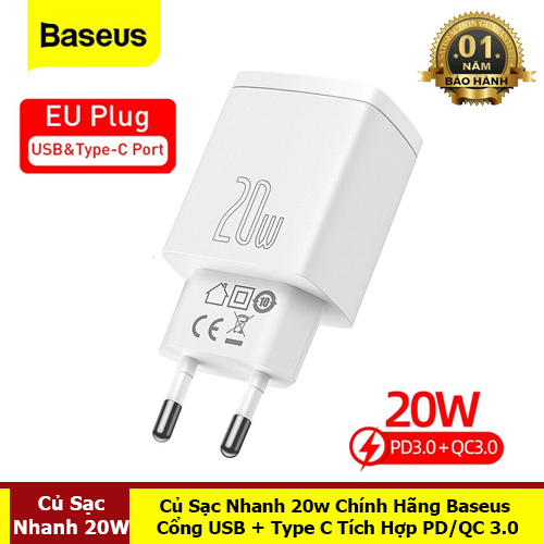 Củ Sạc Nhanh 20W Cổng USB + Type C Tích Hợp PD/QC 3.0 - Hàng Chính Hãng Baseus