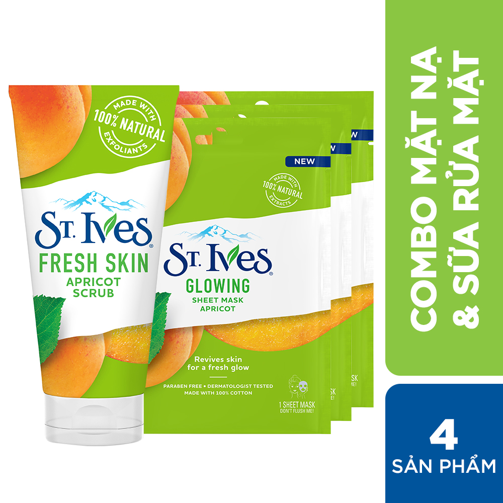 Combo Sữa rửa mặt tẩy tế bào chết Chiết xuất trái mơ St.Ives 170g + Bộ mặt nạ dưỡng da St.Ives Glowing 69ml (23mlx3)