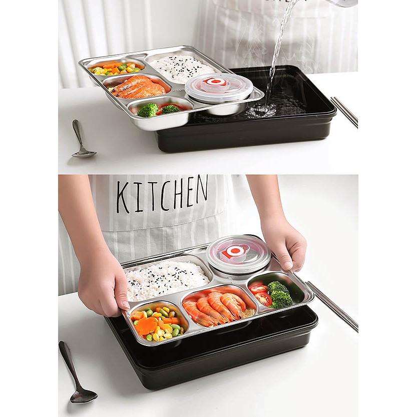 Hộp Cơm Văn Phòng Inox 5 Ngăn Giữ Nhiệt Nắp Đậy Chống Tràn Tặng Kèm Đũa Thìa Inox Tiện Ích, Khay Đựng Cơm Inox 304 - Giao Màu Ngẫu Nhiên - Hàng Chất Lượng