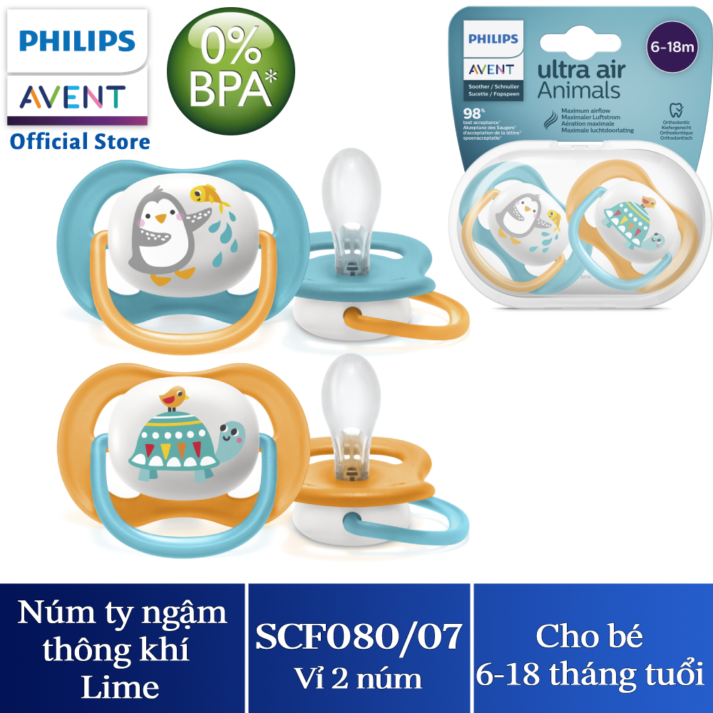 Núm Ty Ngậm Thông Khí Philips Avent Hình Thú Phiên Bản Lime Cho Trẻ Từ 6 - 18 Tháng Tuổi Vỉ Đôi - Xanh - Vàng