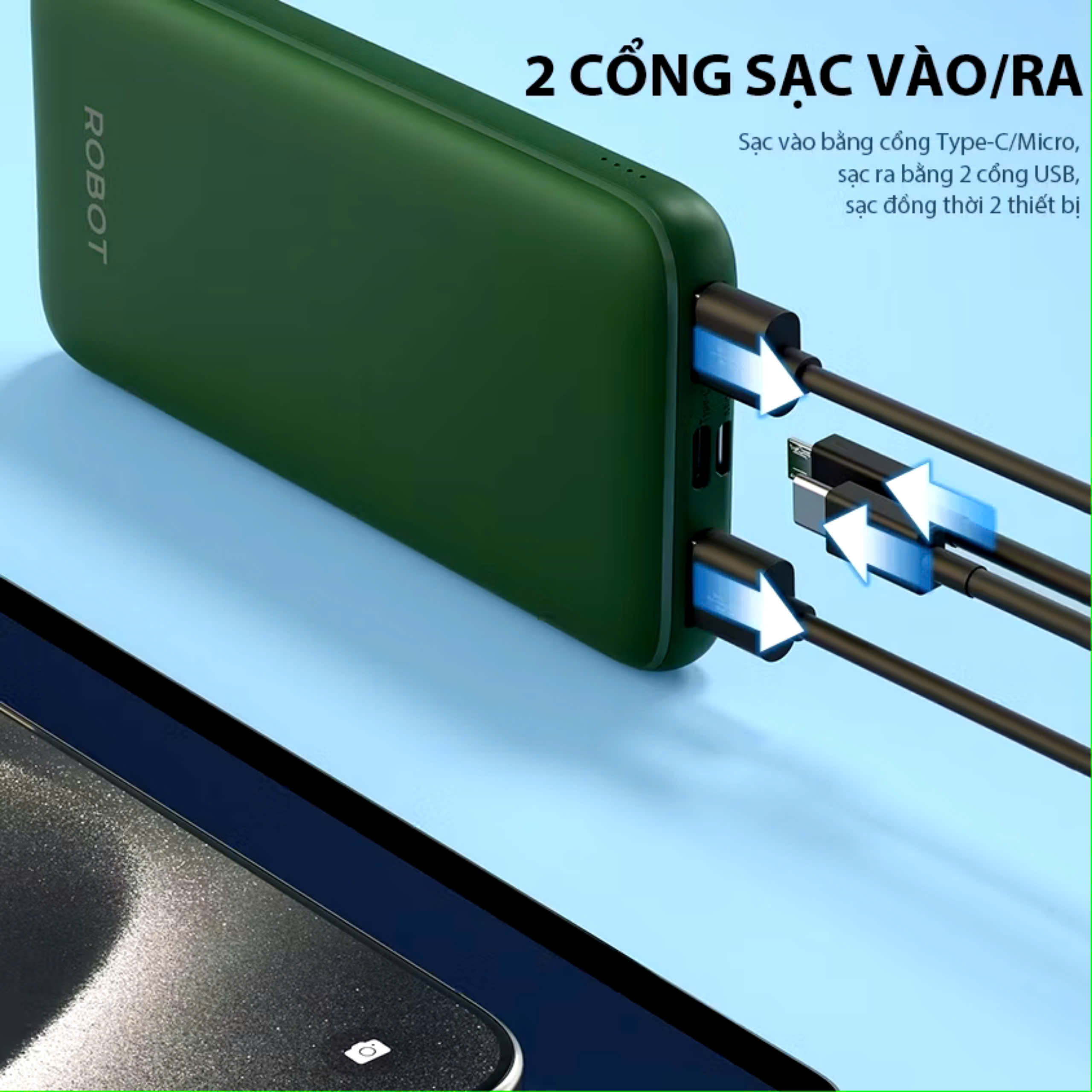 Pin Sạc Dự Phòng 10000mAh ROBOT RT180 RT12 Có 2 Cổng Sạc Ra USB &amp; 2 Cổng Sạc Vào Micro/Type-C, hàng nhập khẩu