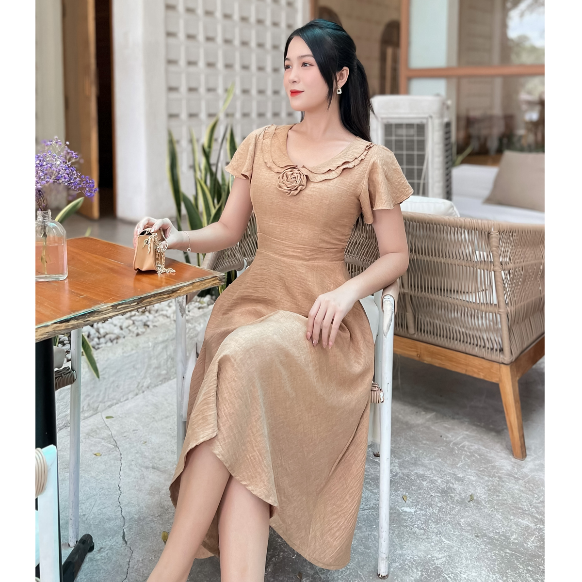 [HCM] Đầm xòe 2 lá cổ gắn hoa dễ thương D087 - Khánh Linh Style - Ladyfashion