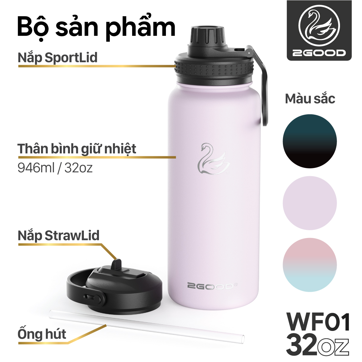 Bình Giữ Nhiệt 2GOOD WF-01 - Combo 2 Nắp Và Lõi Lọc Detox Inox 304