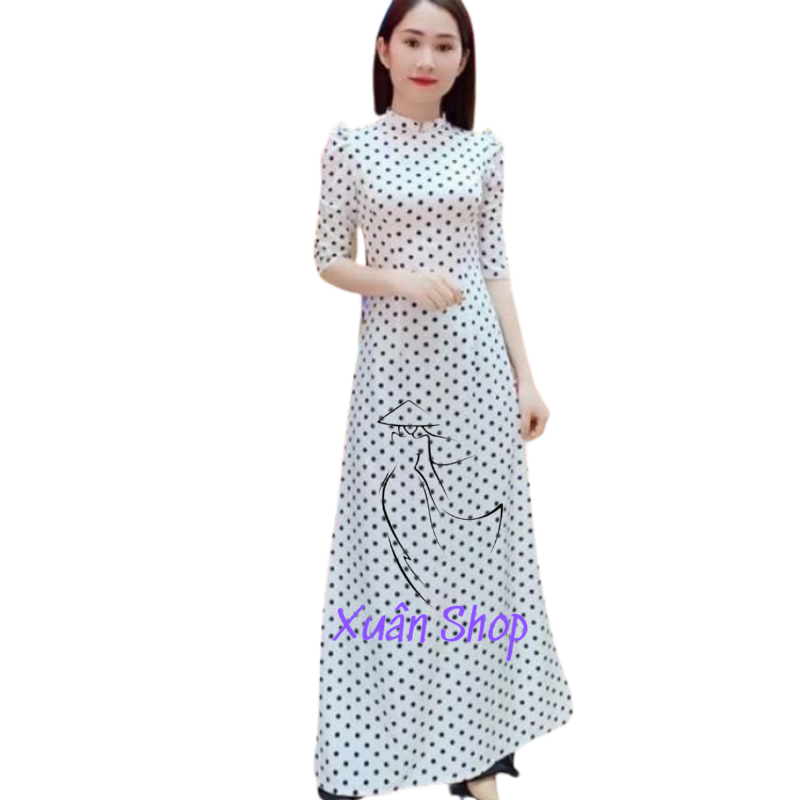 Áo dài chấm bi tay phồng lụa hàn châu / áo dài nữ / áo dài truyền thống