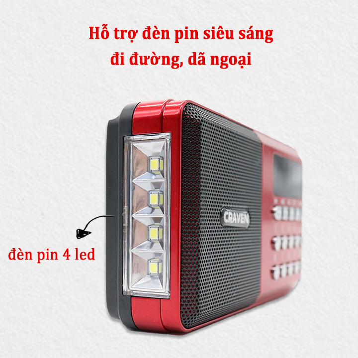 Radio mini nghe đài, nghe nhạc thẻ nhớ, USB, nghe kinh phật Craven CR-65 - có đèn pin (hàng nhập khẩu)