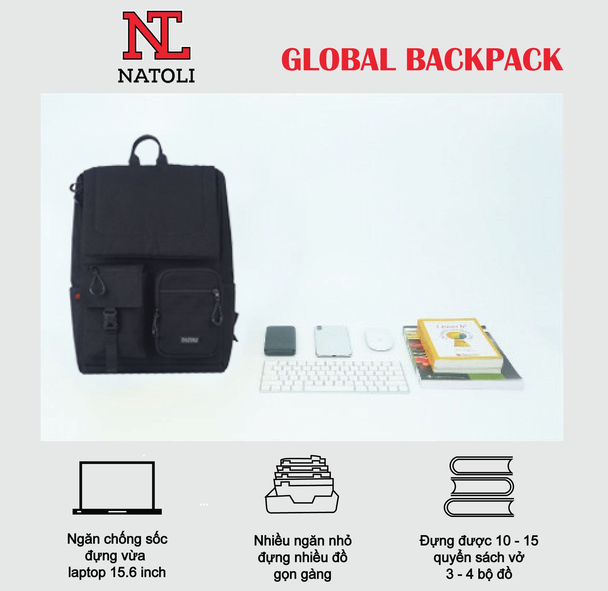 Balo đi học du lịch unisex Global Backpack B8 chính hãng NATOLI chất vải canvas kháng nước nhiều ngăn basic cao cấp