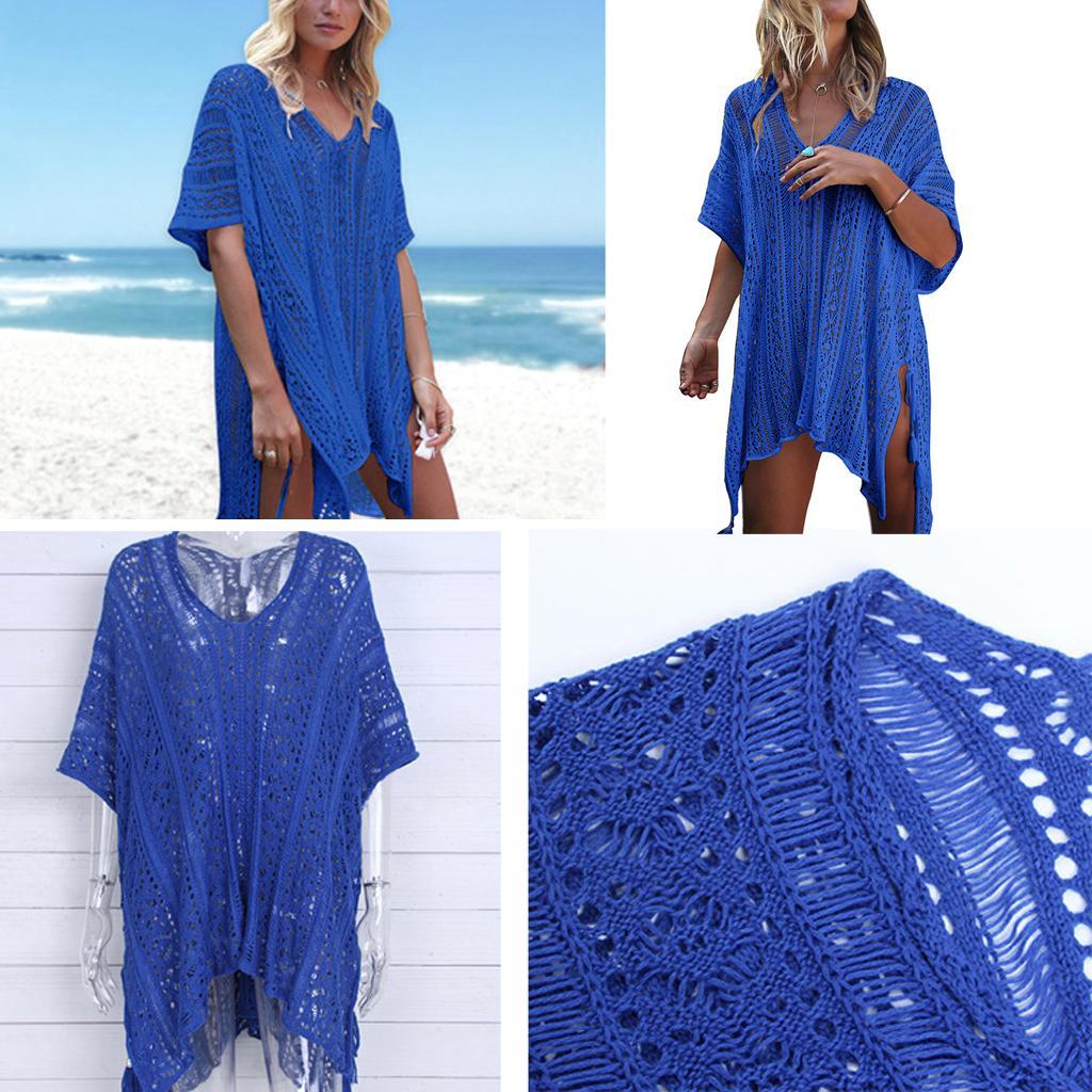 Womens V-Neck Swimwear Hollow Out Swimsuit Cover Up Knitted Beach Dresses
