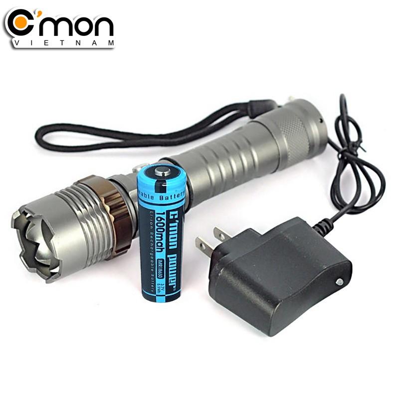 Bộ 1 đèn pin siêu sáng C'MON DEFEND XML-T6 + 1 pin sạc + 1 cục sạc (xanh dương)