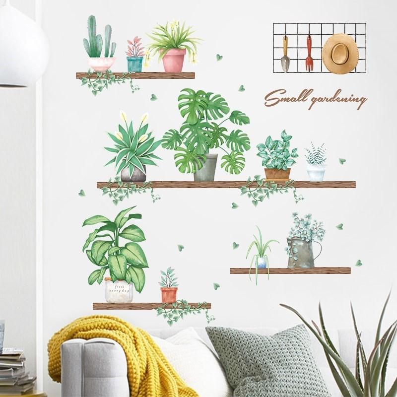 DECAL DÁN TƯỜNG PHONG CÁCH HÀN QUỐC NHIỆT ĐỚI Combo 2 tranh tán lá xanh nhiệt đới + kệ chậu cây lá nhiệt đới