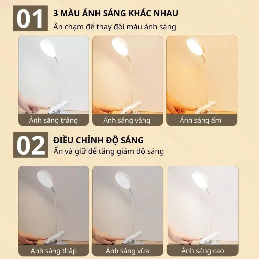 Đèn bàn LED đèn học kẹp bàn để bàn treo giá sách cảm ứng có 3 chế độ sáng bảo vệ mắt tiết kiệm điện chống ánh sáng xanh - Hàng chính hãng