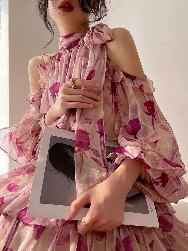CHENGRUI 2023 Mùa hè Pháp Tea Break Dress hoa ngọt ngào nghỉ mát gió đèn lồng tay áo đầm cổ tích nhỏ