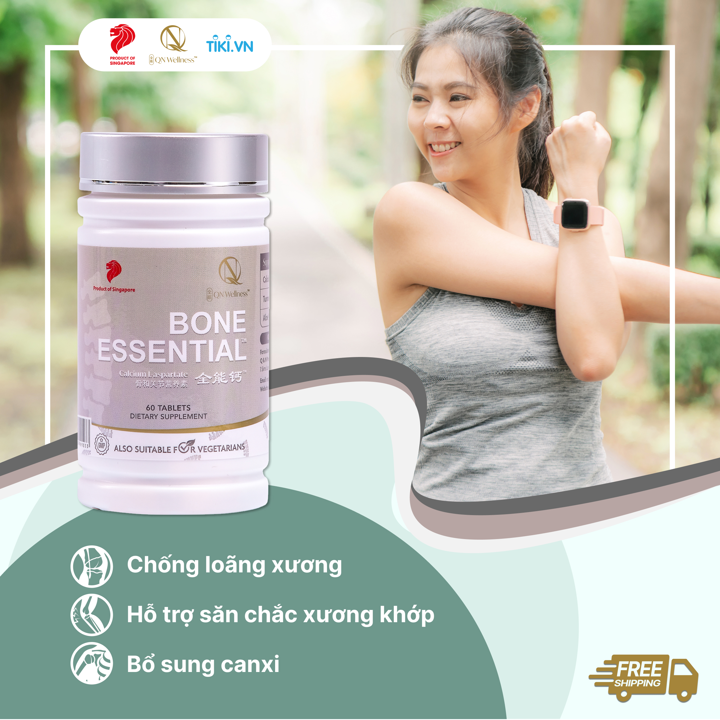 Viên Uống Bổ Sung Canxi Bone Esstential QN Wellness Thuần Chay Chiết Xuất Từ Nghệ & Nha Đam, Giúp Hỗ Trợ Tuần Hoàn Máu, Củng Cố Xương Khớp - Hộp 60 Viên