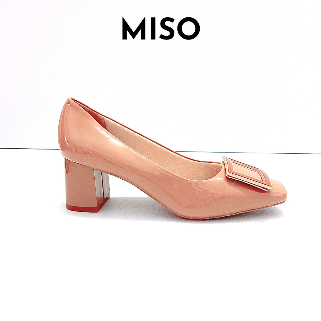 Giày cao gót công sở nữ basic da bóng mũi vuông gót trụ phối khoá 7cm Miso M1013a