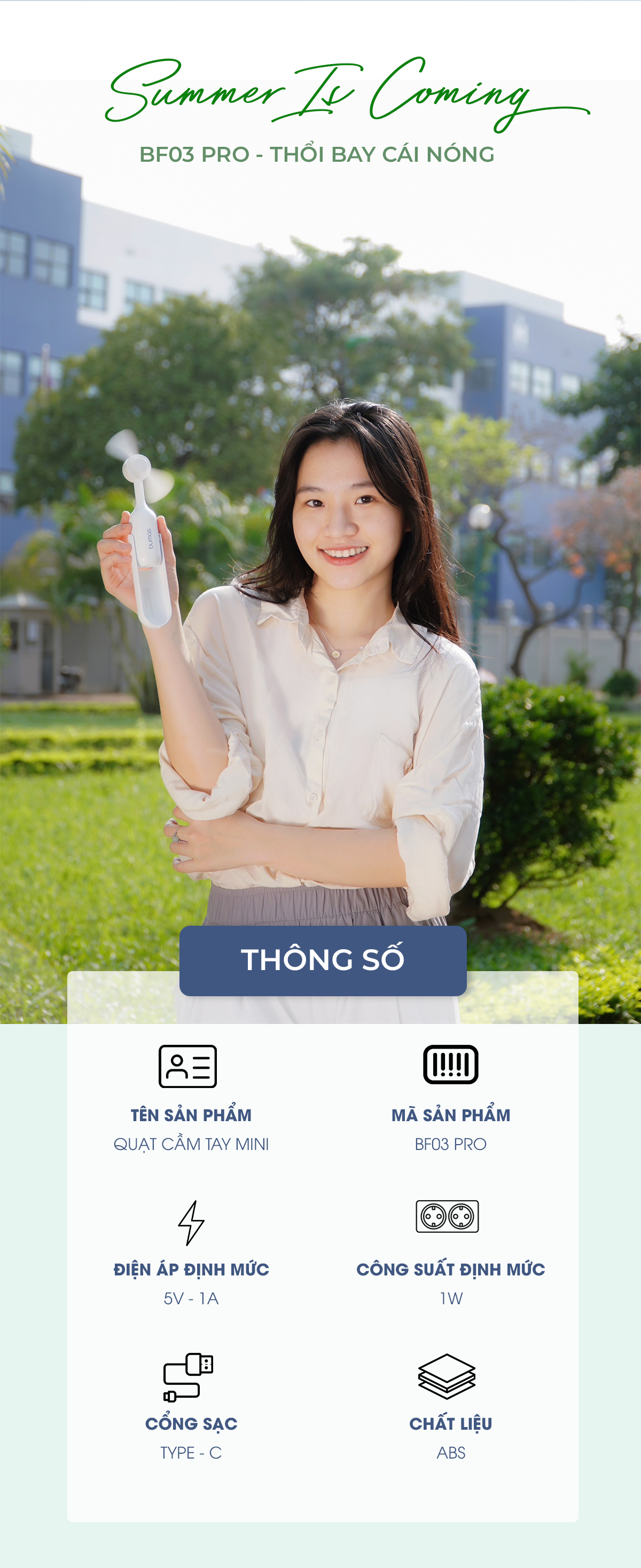 Quạt Mini Cầm Tay BUMAS BF03 Pro - Sử Dụng Lên Đén 24H - Nhỏ Gọn Tiện Lợi - Hàng Chính Hãng