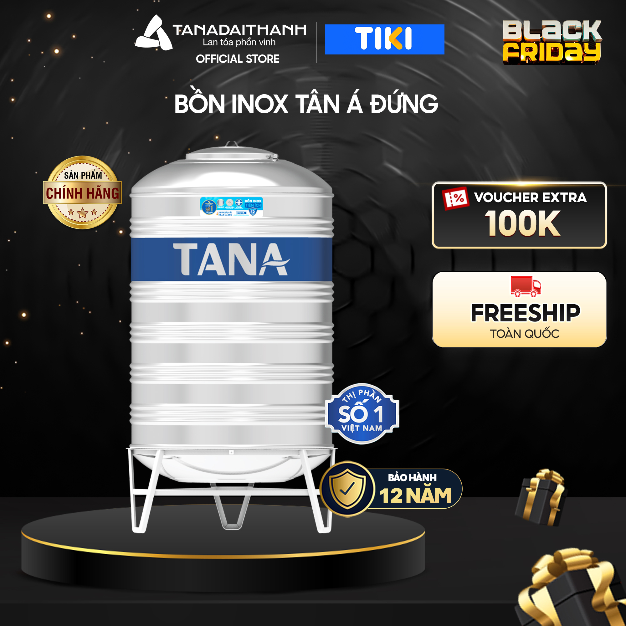 Bồn nước inox Tân Á Đại Thành Đứng (500L, 1000L, 1500L, 2000L), SUS 304 - Chính hãng, Bảo hành 12 năm