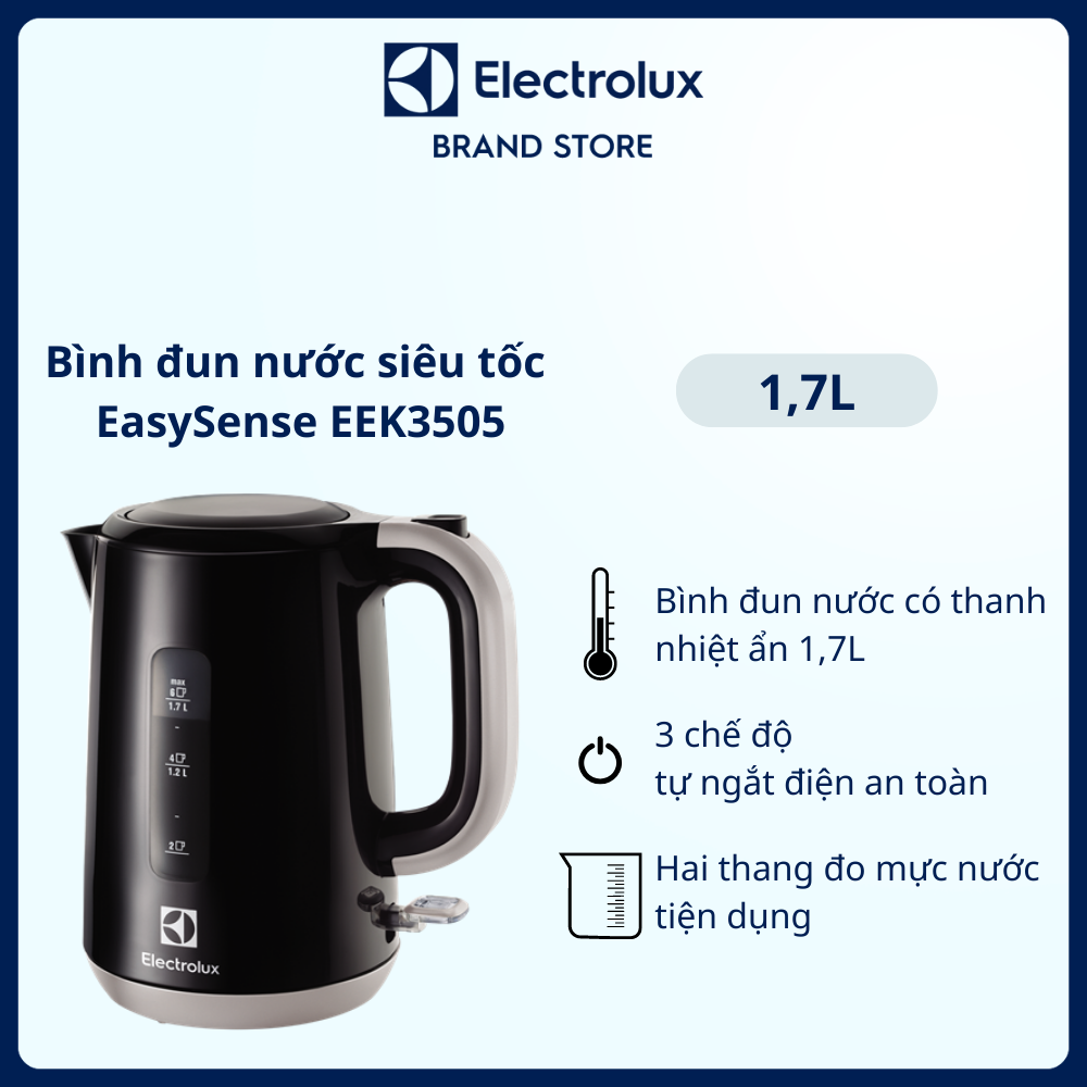 Bình đun nước siêu tốc Electrolux 1.7L EasySense EEK3505, 3 chế độ tự ngắt điện an toàn [Hàng chính hãng]