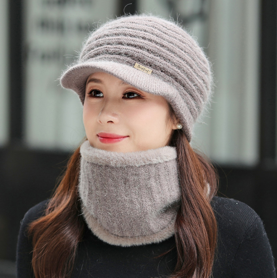 Mũ len lưỡi trai nữ kèm khăn phong cách Hàn mới, sét nón len cao cấp cho người trung niên- người già