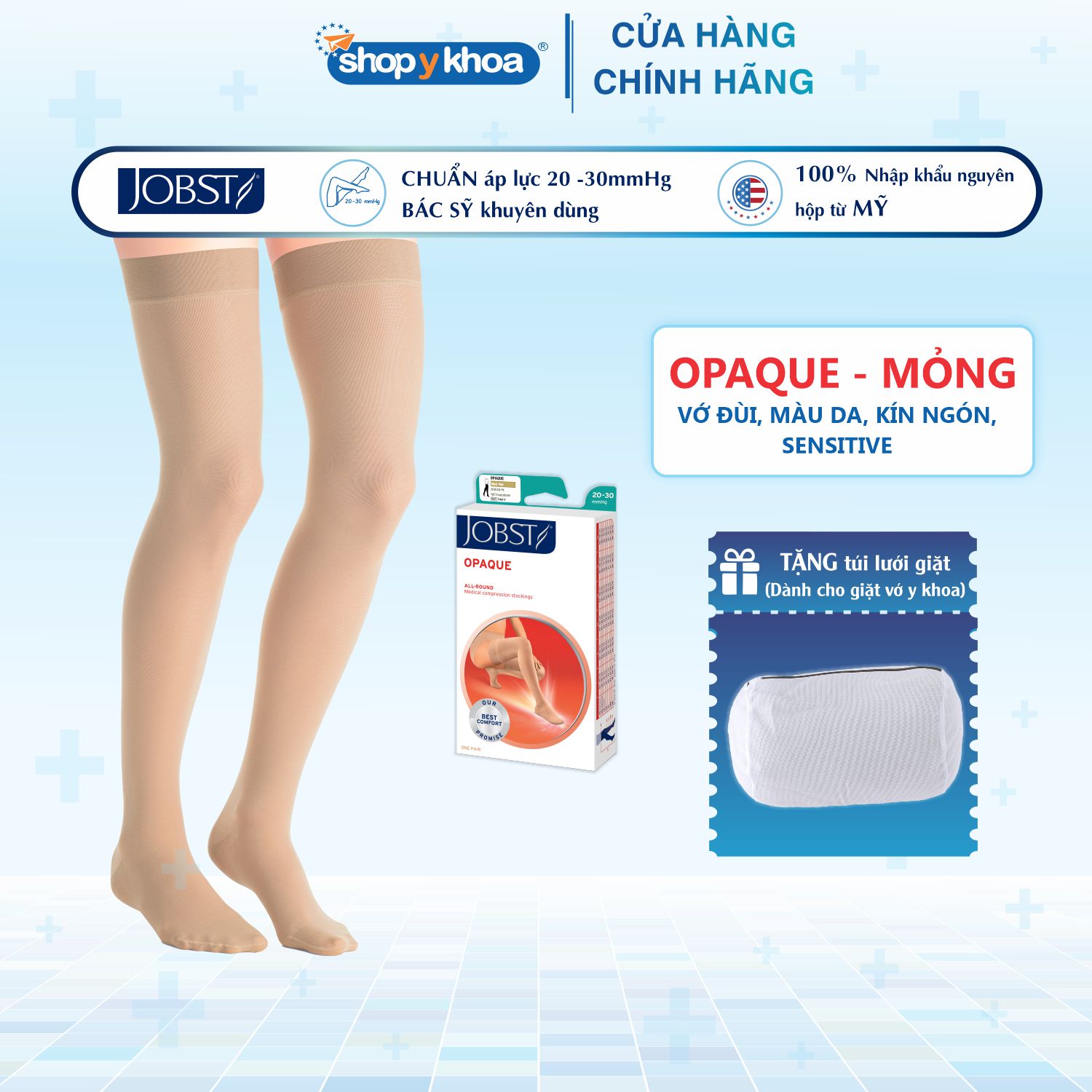 Vớ Y Khoa JOBST Opaque Sensitive [Da nhạy cảm] - Vớ Đùi, Màu Da, Kín Ngón, Áp Lực 20-30mmHg, 2 chiếc (Tất Y Khoa)
