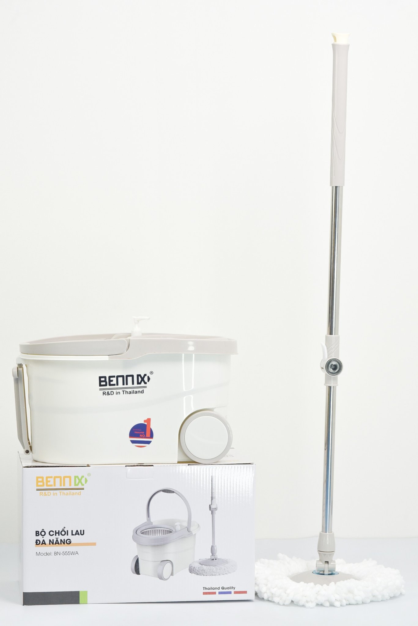 Bộ Chổi Lau Nhà Nhập Khẩu Lồng Inox Xoay 360 Độ Bennix BN555WA/ BN555 SUPER Bảo Hành 12 Tháng Kèm Thùng Có Bánh Xe- Hàng Chính Hãng
