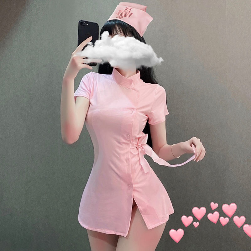 Đồ hóa trang Cosplay y tá hồng cộc tay có mũ đồ ngủ bar sàn