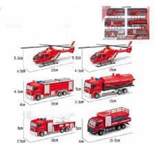 Đồ chơi 6 ô tô chữa cháy, trở rác bằng sắt chạy theo quán tính có độ bền cực cao, các góc cạnh đều được bo tròn