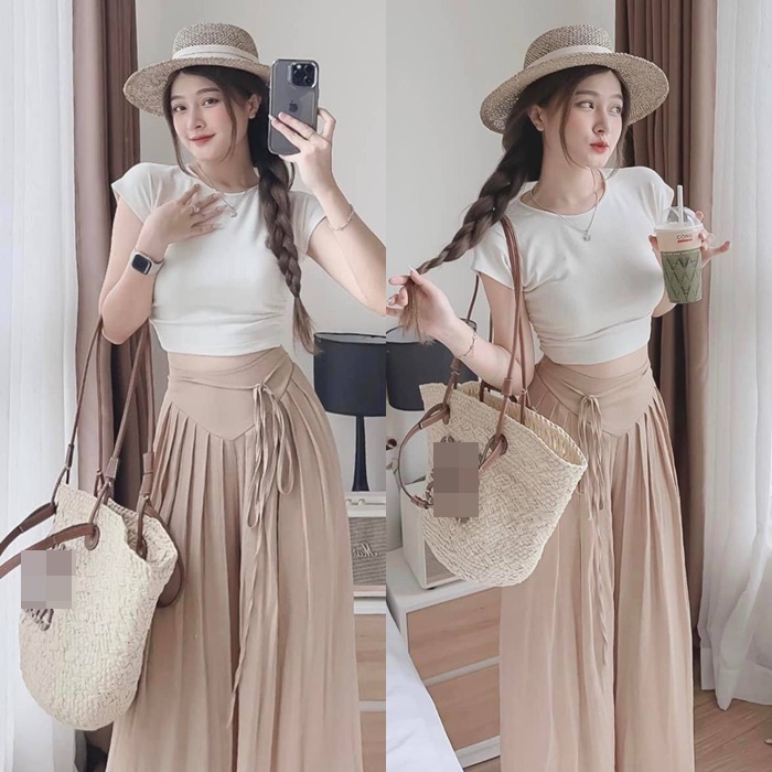 SET QUẦN ỐNG RỘNG GIẢ VÁY MIDI XẾP LY DÂY RÚT LƯNG THUN CAO MAXI + ÁO THUN 3 LỖ PASTEL ĐI TIỆC DẠO PHỐ ĐI CHƠI ĐI BIỂN