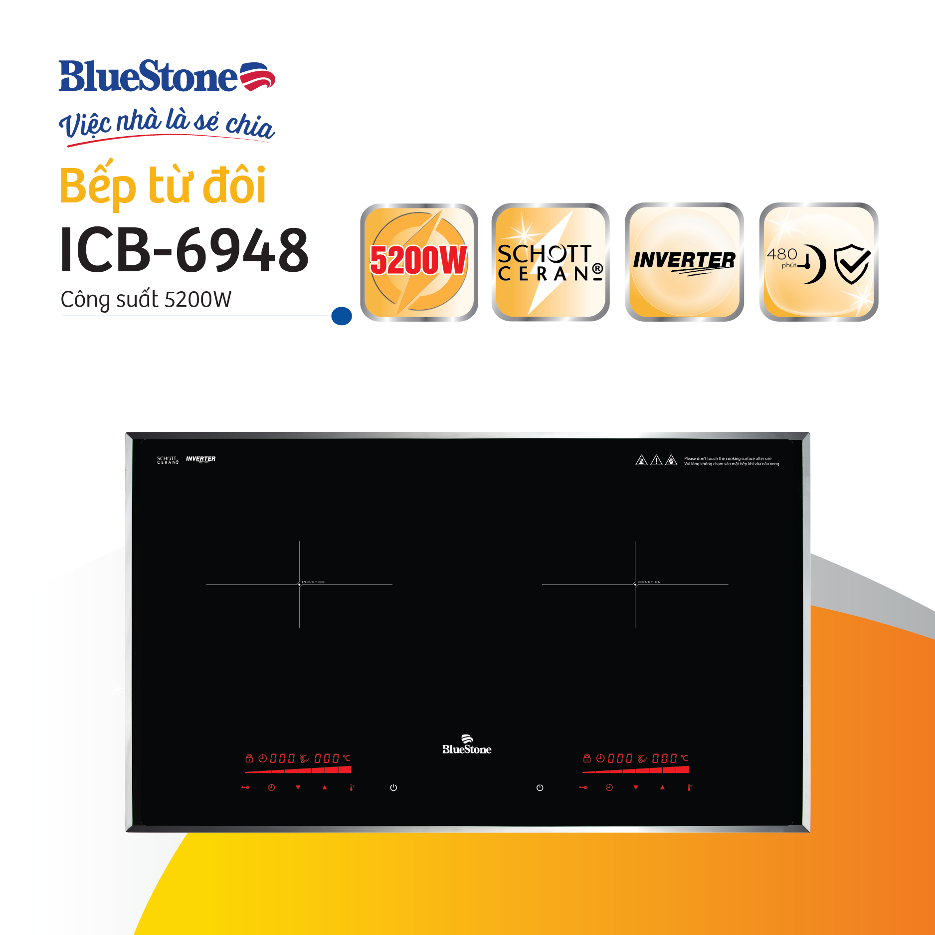 Bếp âm từ đôi BlueStone ICB-6948 (5200W - Malaysia) - Hàng chính hãng