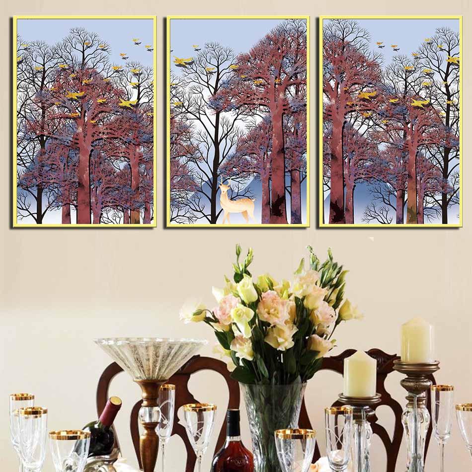 Bộ 3 tranh canvas treo tường Decor họa tiết cách điệu hươu và rừng cây, phong cách hiện đại - DC030