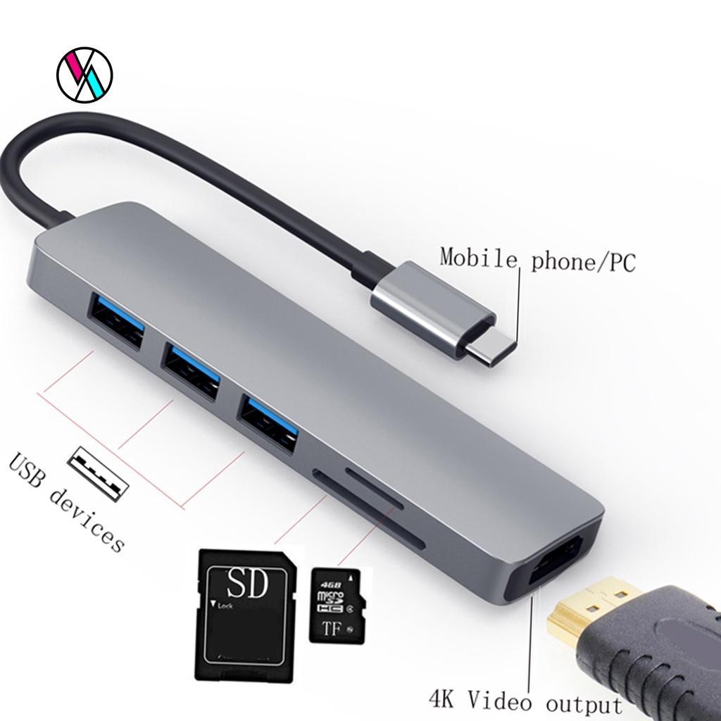 Hub chuyển đổi mở rộng 6 trong 1 4K Type C sang HDMI USB 3.0 Micro-SD TF