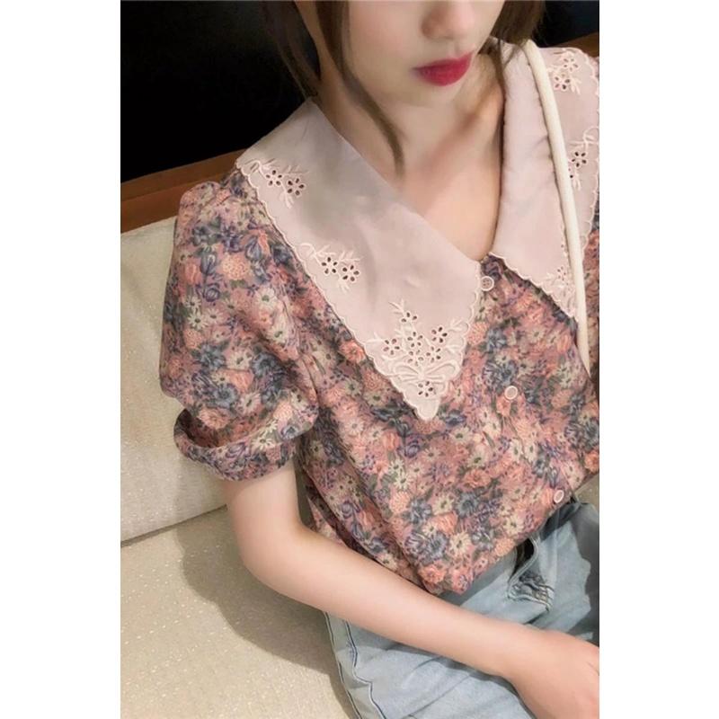 Áo sơ mi nữ cổ búp bê tay phồng phong cách tiểu thư, áo ngắn tay kiểu Pháp đẹp và ngọt ngào, cổ tích - Kemi