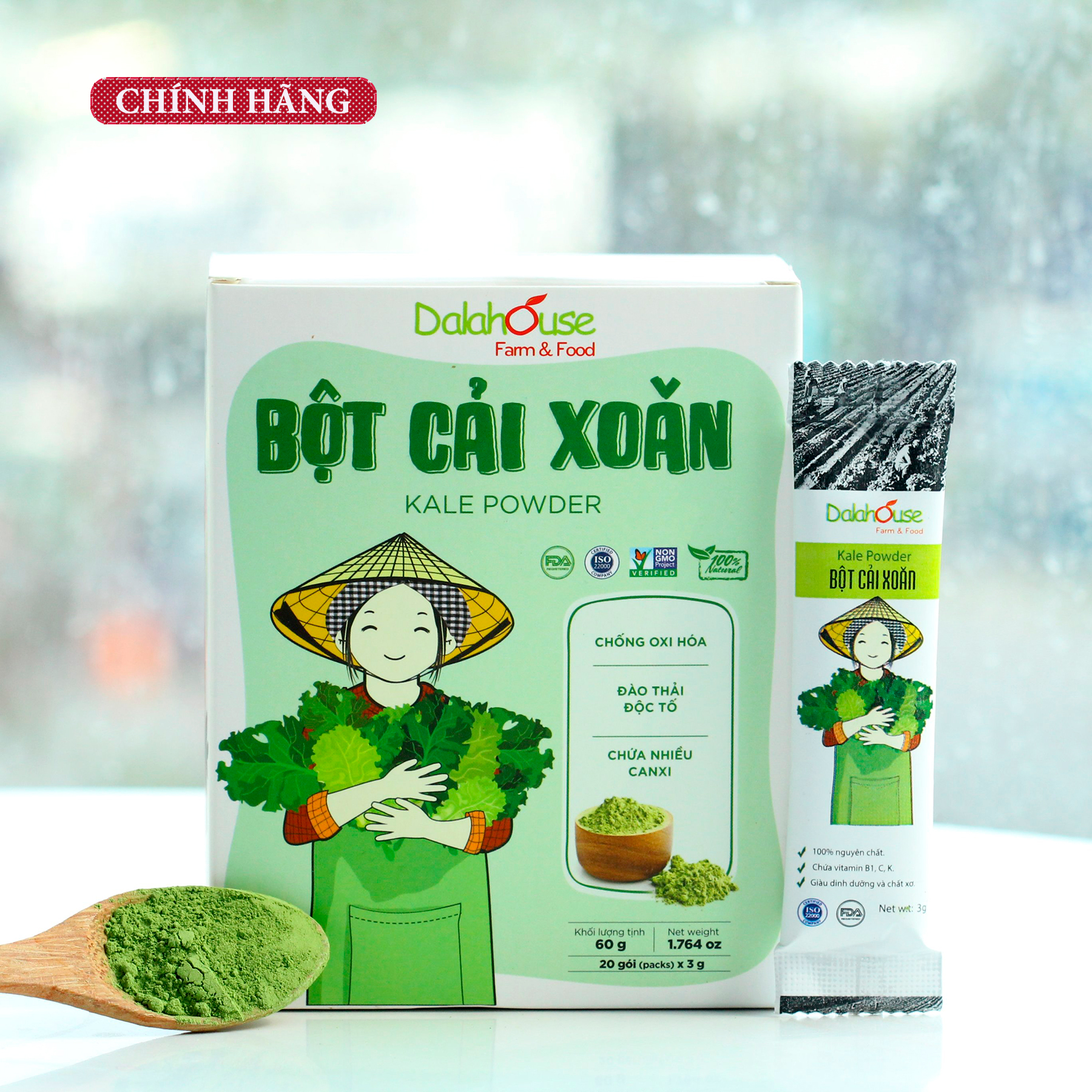 Bột Cải Xoăn(Kale) Nguyên Chất Sấy Lạnh Dalahouse-Đào Thải Độc Tố, Chống Oxy Hóa, Bổ Sung Canxi Cho Cơ Thể-Hộp 60g (20 Gói x 3 g)