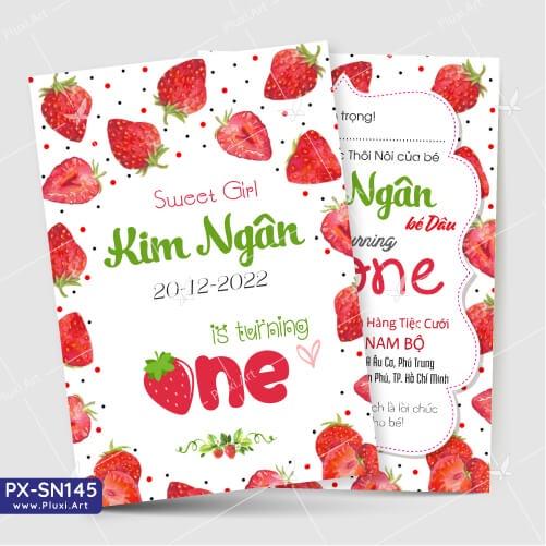 Thiệp thôi nôi – sinh nhật Pluxi bé gái hình trái dâu - PX_SN145