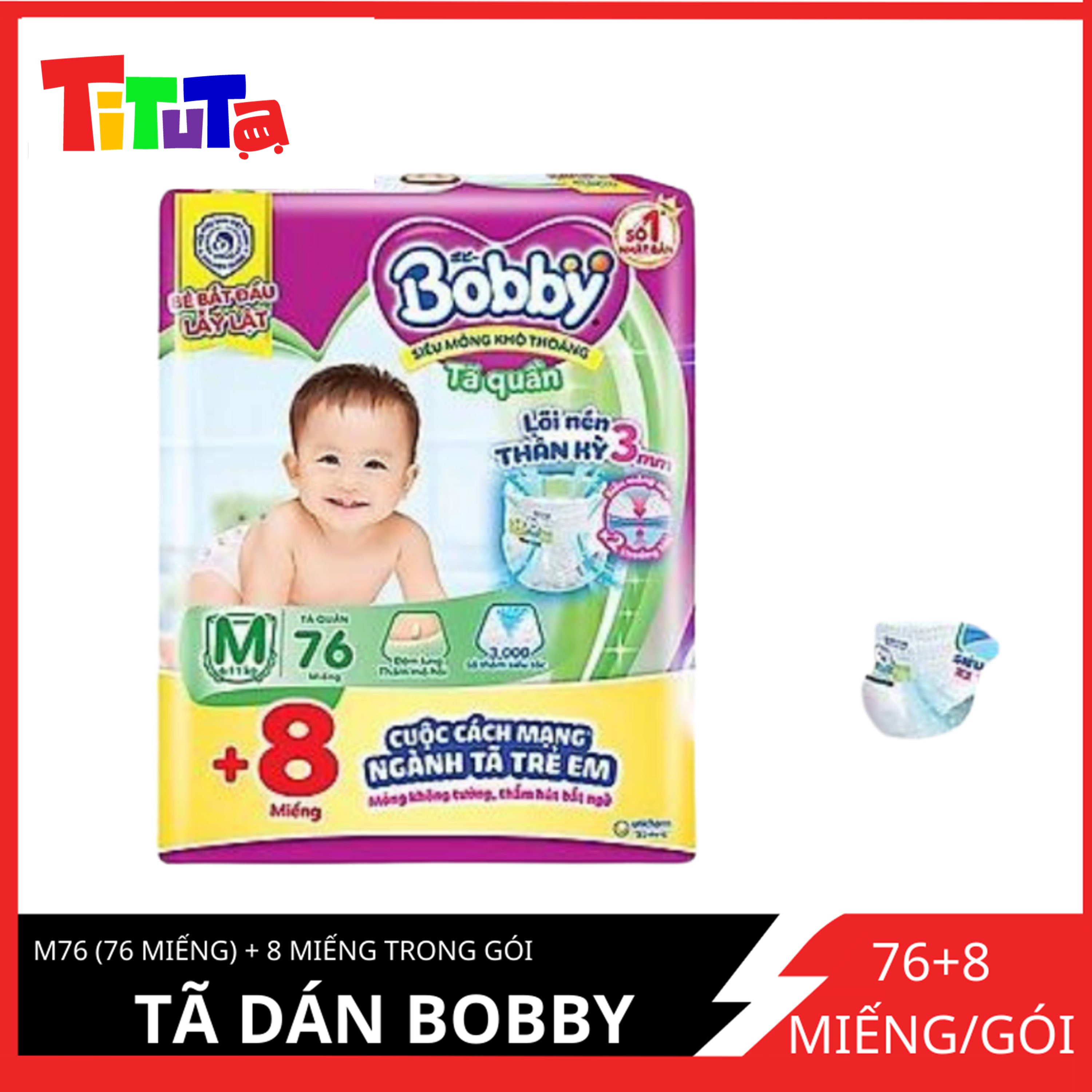 Tã quần Bobby - Đệm Lưng Thấm Mồ Hôi M76 (76 miếng) - Tặng 8 miếng trong gói